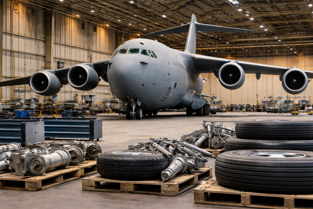 Representative image of a Boeing C-17 Globemaster III during maintenance, illustrating Boeing’s $166.8 million landing gear spares contract modification and the growing strategic importance of military airlift sustainment.