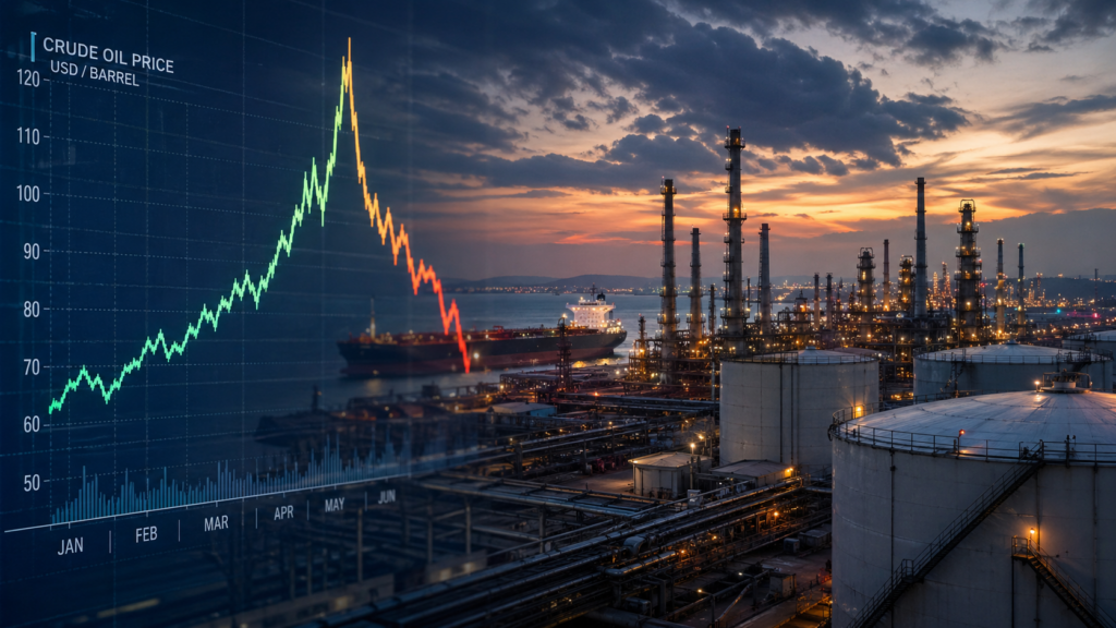 Representative image: Global oil price volatility is reflected through a refinery and crude market chart as Brent crude retreats after hitting a four-year high on U.S.-Iran war fears.
