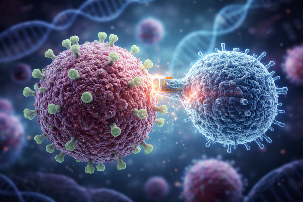 Representative image of CAR-NK therapy targeting acute myeloid leukemia, illustrating the AACR 2026 story on Precision Biologics’ newly presented AML antigen approach.