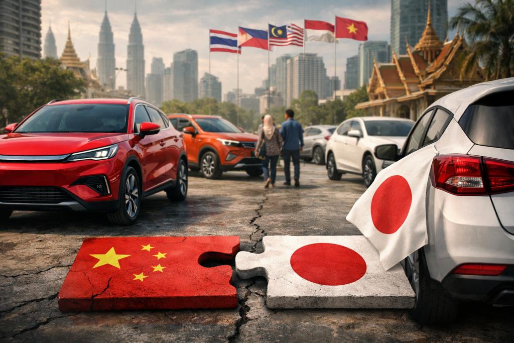 Representative image of Chinese and Japanese passenger vehicles in a Southeast Asian urban market, illustrating how BYD Co. Ltd., Chery Automobile Co. Ltd., and SAIC Motor Corp. Ltd. are challenging Japanese automaker dominance across the ASEAN light vehicle market amid rising electric vehicle and hybrid demand.