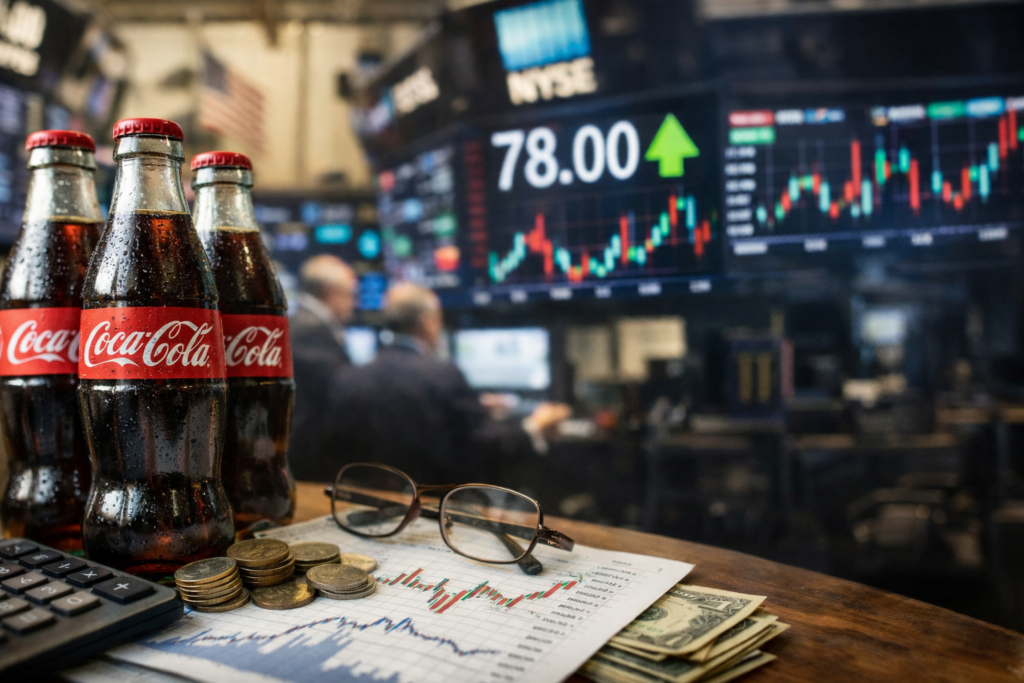 Representative image of Coca-Cola bottles and market charts illustrating investor focus ahead of The Coca-Cola Company’s April 28 earnings report under new chief executive Henrique Braun.