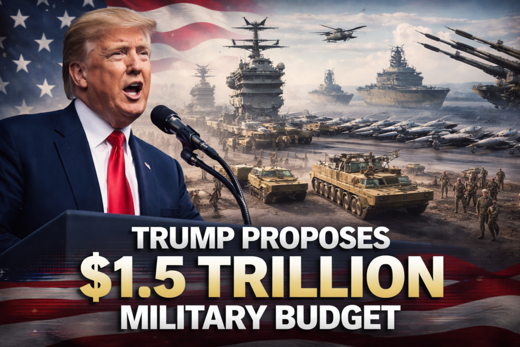 Representative image of United States President Donald Trump and military assets used to illustrate the story on the proposed $1.5 trillion fiscal 2027 United States defense budget, a plan positioned as the largest military budget in United States history.