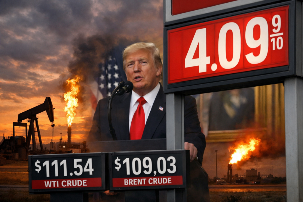 Representative image of surging oil prices and rising US gasoline costs after Donald Trump’s Iran speech rattled energy markets, sending crude to a six-year high and gas above $4 nationwide.