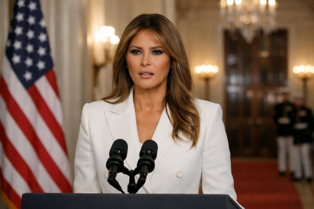 Representative image showing First Lady Melania Trump during a White House address tied to the latest Jeffrey Epstein controversy, denial statement, and calls for a formal congressional survivor hearing.