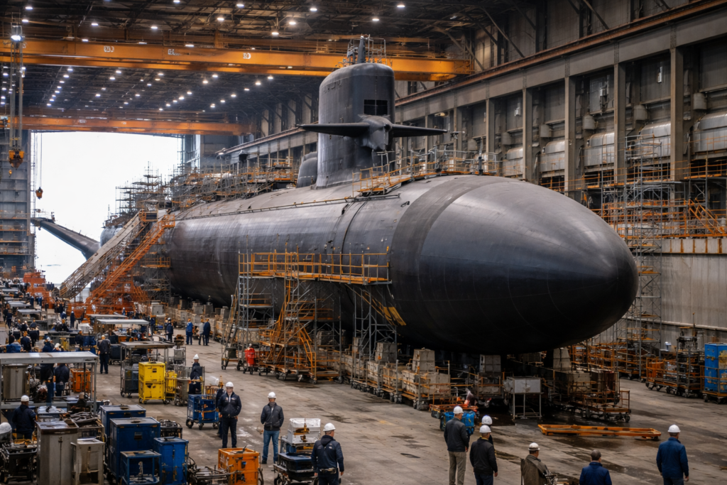 Representative image of a U.S. Navy submarine and shipyard operations, illustrating how General Dynamics Corporation’s $1.27 billion contract modification supports Virginia-class submarine work and the broader U.S. undersea industrial base.