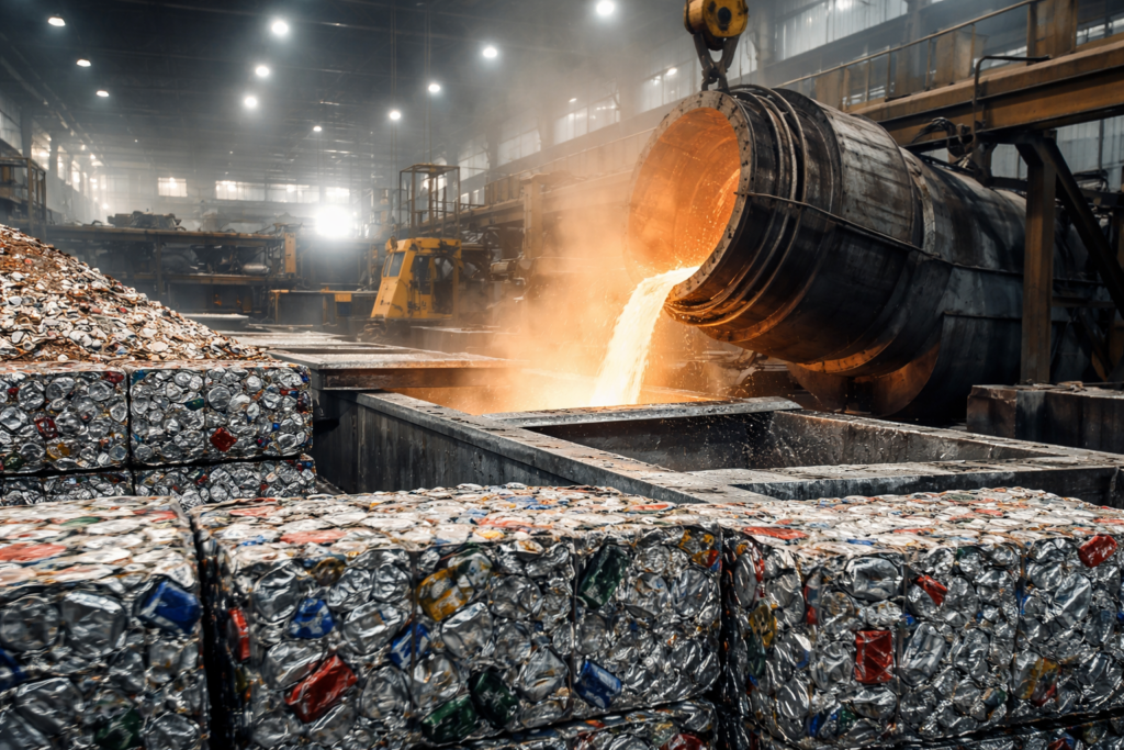 Representative image of an aluminum recycling and remelting facility in the United States, illustrating why Glencore plc’s South Carolina plant stake matters for domestic aluminum supply chains and recycled metal strategy.