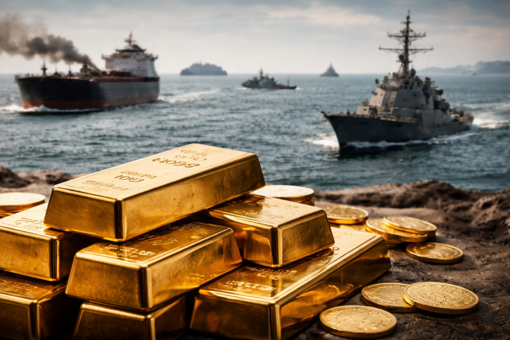 Representative image of gold bars and tanker traffic in the Strait of Hormuz, illustrating why gold prices climbed to a one-month high even as the waterway was declared completely open.