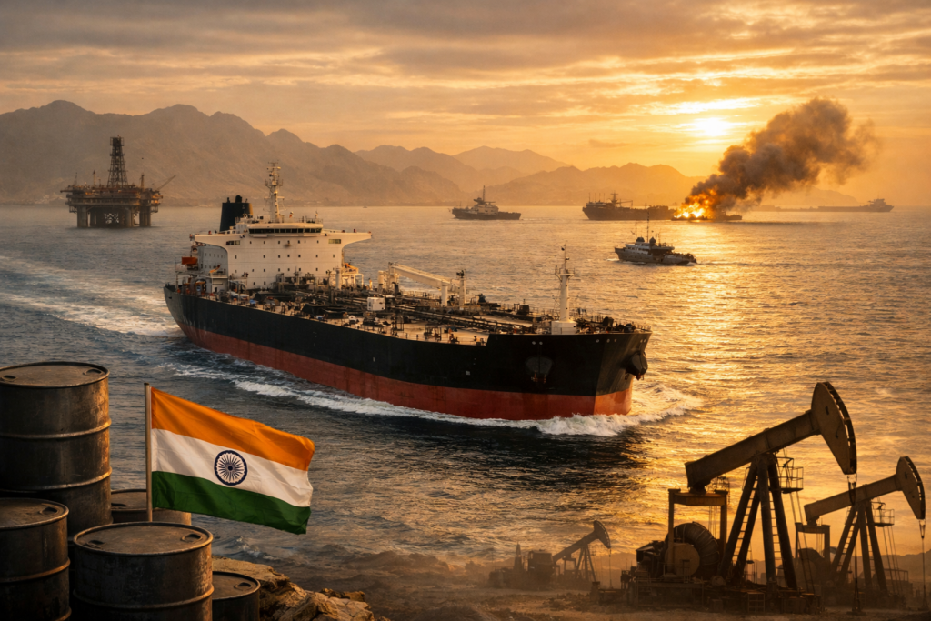 Representative image of an oil tanker and offshore energy infrastructure used for Business News Today’s report on India resuming Iranian crude oil purchases as the Strait of Hormuz crisis reshapes South Asian energy supply.