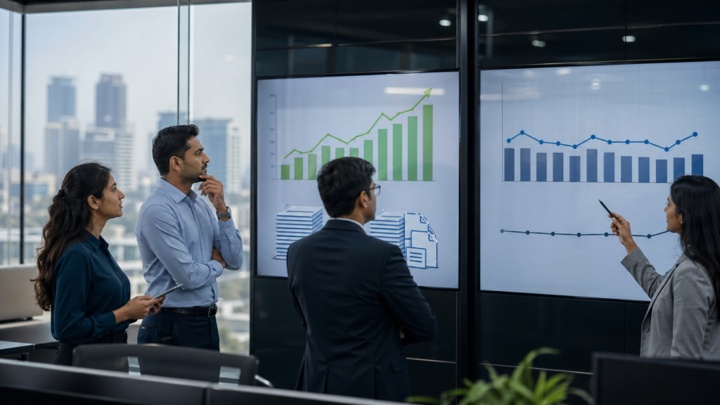 Representative image of Indian IT analysts reviewing the widening gap between record deal pipelines and slower revenue conversion as Tata Consultancy Services, Infosys, HCLTech, and Wipro face tougher FY2026 growth questions.