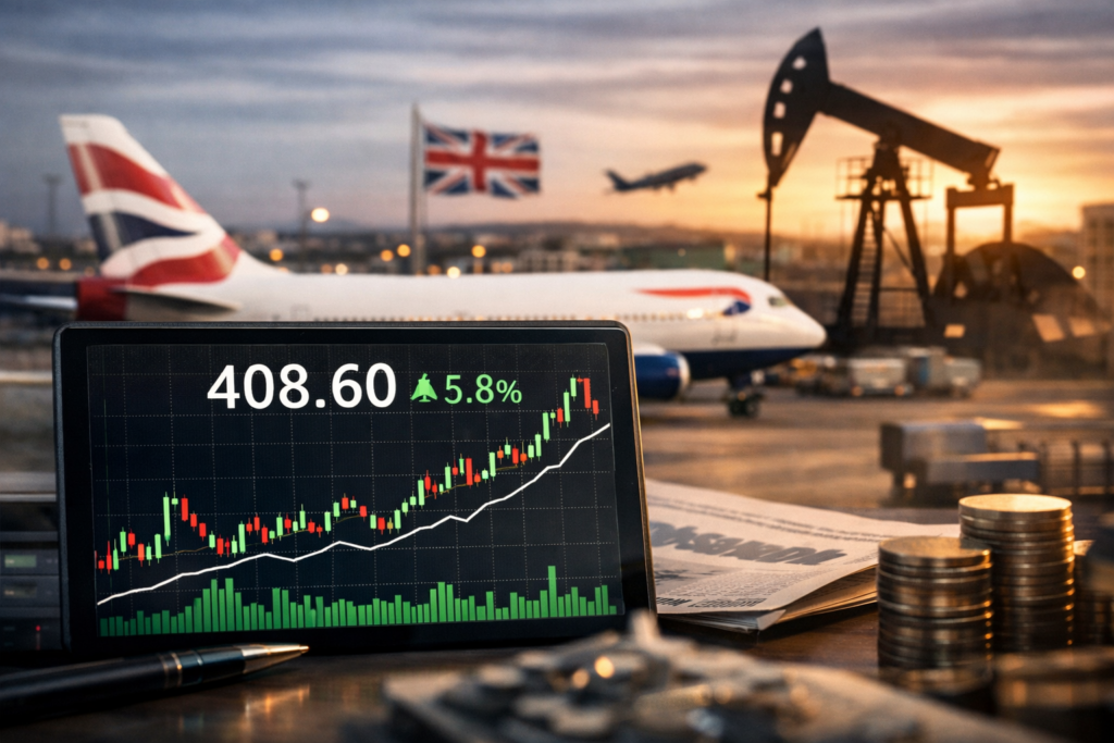 Representative image of an International Airlines Group aircraft and market screen, reflecting investor focus on the British Airways owner’s 408p rebound, easing oil prices, and whether the IAG share price recovery can hold ahead of Q1 2026 results.