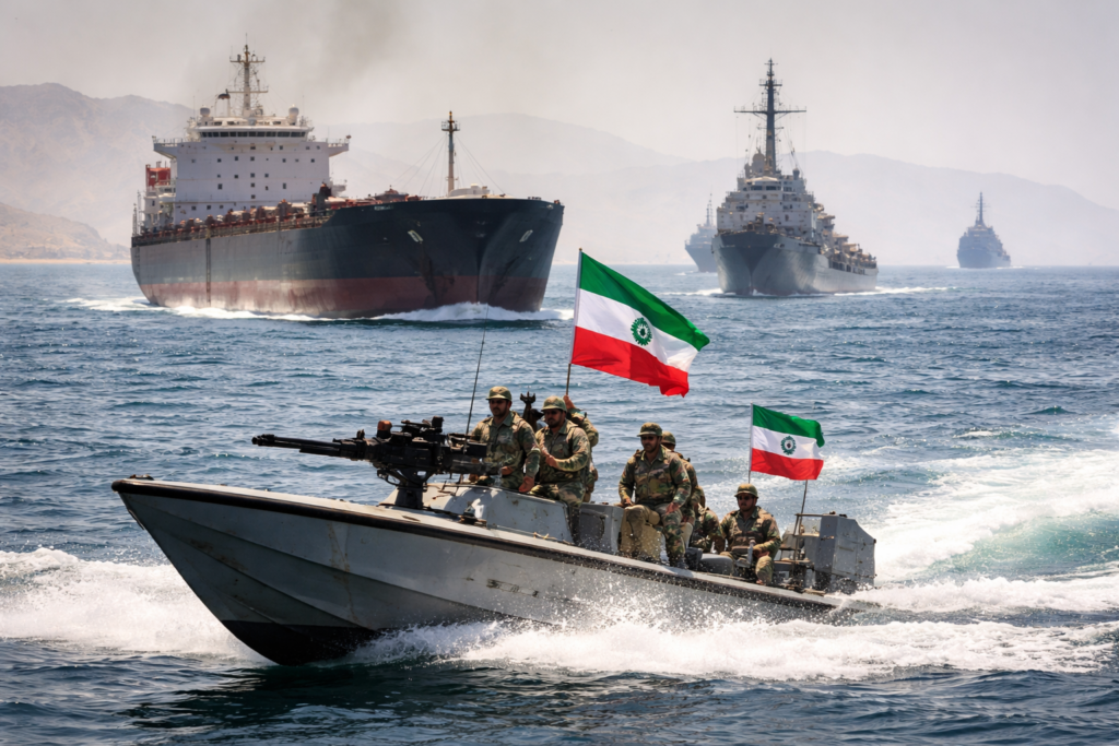 Representative image of military and commercial vessels near the Strait of Hormuz, illustrating Iran’s renewed control measures after reversing its brief claim that the waterway was fully open to commercial shipping.