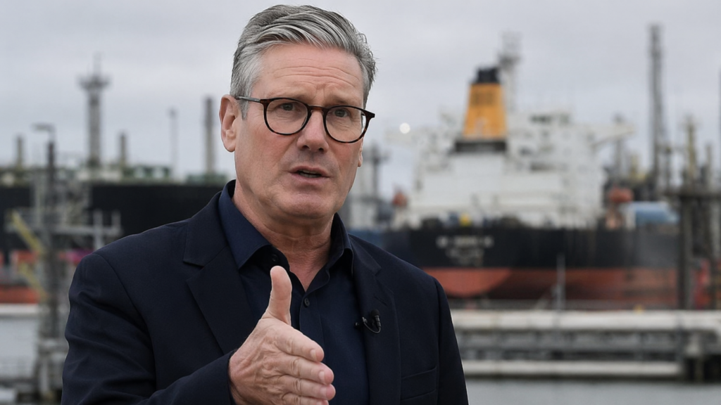 Representative image of a United Kingdom energy and shipping disruption scene used to illustrate Keir Starmer’s warning that Donald Trump, Vladimir Putin, and the Strait of Hormuz crisis are driving up United Kingdom household and business energy bills.