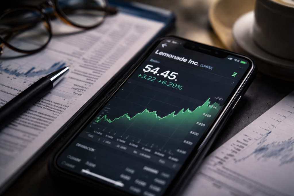 Representative image of Lemonade (NYSE: LMND) stock tracking on a mobile trading screen as investors watch the digital insurer ahead of its April 29 earnings catalyst.