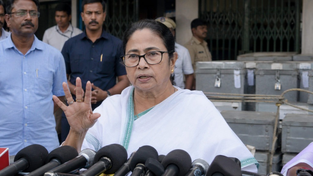 Representative image of a West Bengal election press briefing as Mamata Banerjee questions exit poll neutrality and urges Trinamool Congress workers to stay alert ahead of counting day.