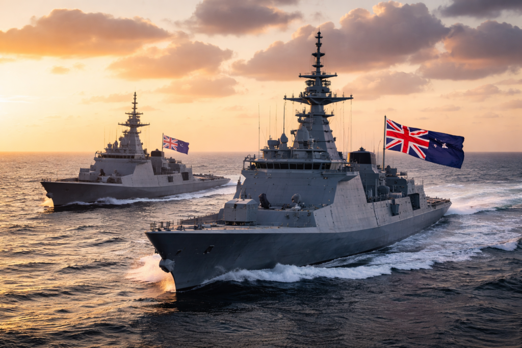 Representative image of naval frigates at sea, illustrating Australia and Japan’s A$10 billion warship deal as Mitsubishi Heavy Industries advances the Mogami-class program.