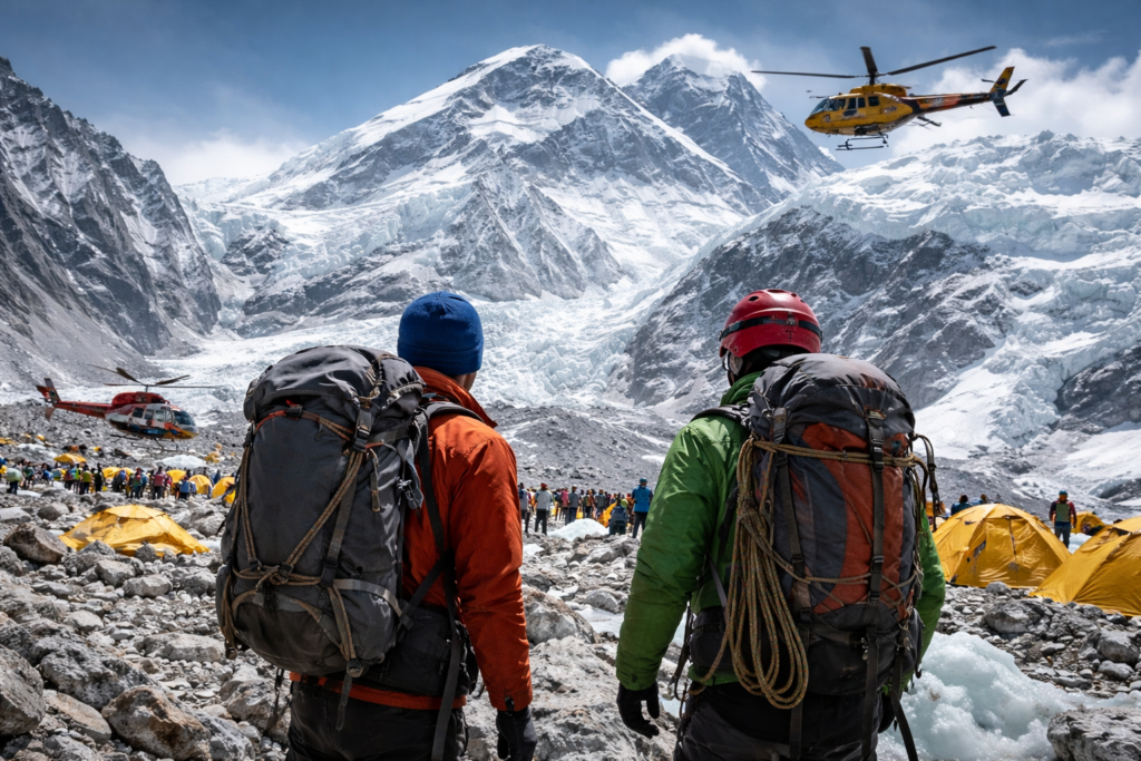 Representative image of Mount Everest Base Camp and helicopter rescue activity, used to illustrate the Nepal Everest insurance fraud case in which guides and operators were accused of staging medical evacuations.