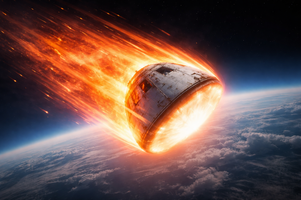 Representative image of NASA’s Orion spacecraft during atmospheric reentry, illustrating why the Artemis II crew is expected to lose communication with mission control during the plasma blackout phase before splashdown.