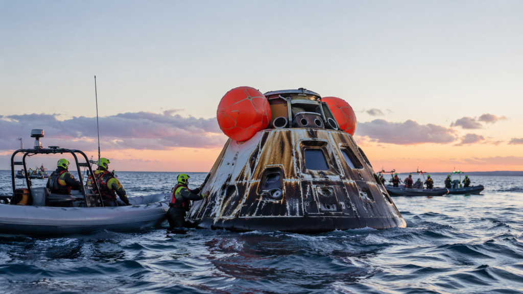 Representative image of NASA’s Orion spacecraft splashdown recovery after the Artemis II mission, as the crew returned safely following the first crewed lunar flyby since 1972.