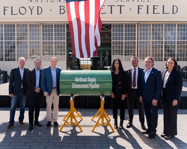 From left, the photo shows U.S. Secretary of Energy Chris Wright, Williams President and Chief Executive Officer Chad Zamarin, Environmental Protection Agency Administrator Lee Zeldin, Federal Energy Regulatory Commission Chairman Laura Swett, Brooklyn Board of Business Agents and New York City Building Trades President Anthony DeBlasie, U.S. Secretary of the Interior Doug Burgum, and National Grid New York President Sally Librera at the Northeast Supply Enhancement project groundbreaking ceremony.