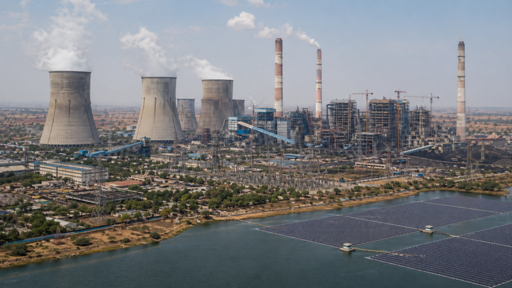 Representative image of a large thermal power station with floating solar panels, reflecting how NTPC Ramagundam Super Thermal Power Station is balancing baseload coal power, renewable integration and new supercritical expansion in southern India.