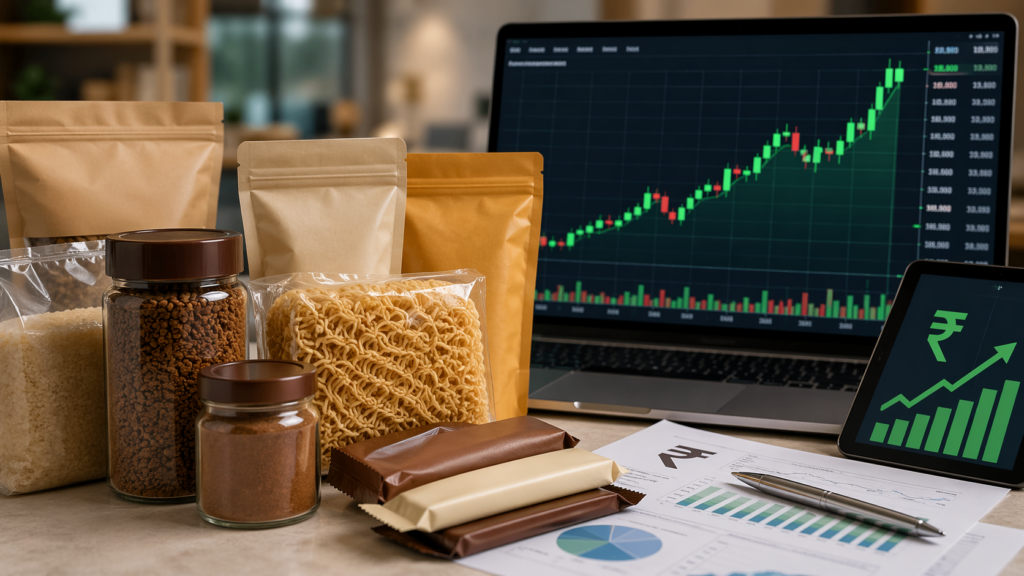 Representative image of packaged consumer goods and a rising market chart, illustrating why Nestle India Limited shares hit a fresh 52-week high after record Q4 FY26 domestic sales and renewed retail investor interest.