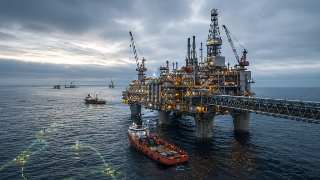 Representative image of a North Sea offshore oil and gas platform, highlighting OKEA ASA’s first-quarter 2026 profit rebound, Statfjord impairment reversal, Brage production momentum, Mistral licence divestment, and capital focus on Bestla and Power from Shore.