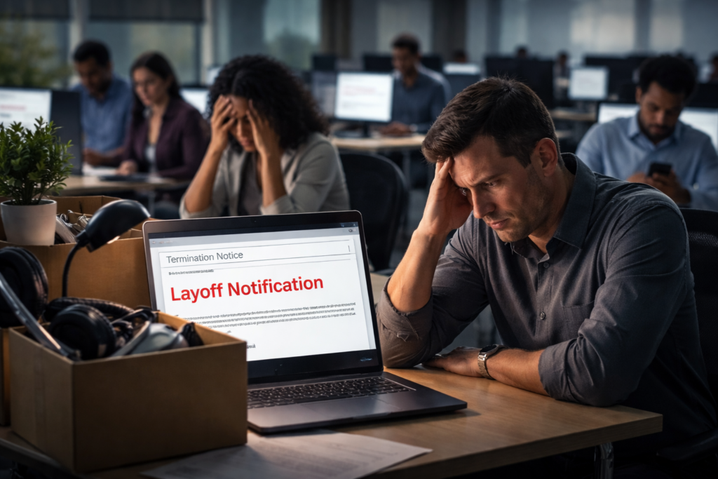 Representative image of employees reacting to early-morning layoff emails, illustrating the shock around the Oracle layoffs 2026 story as Oracle Corporation cuts jobs while scaling artificial intelligence data centre spending.