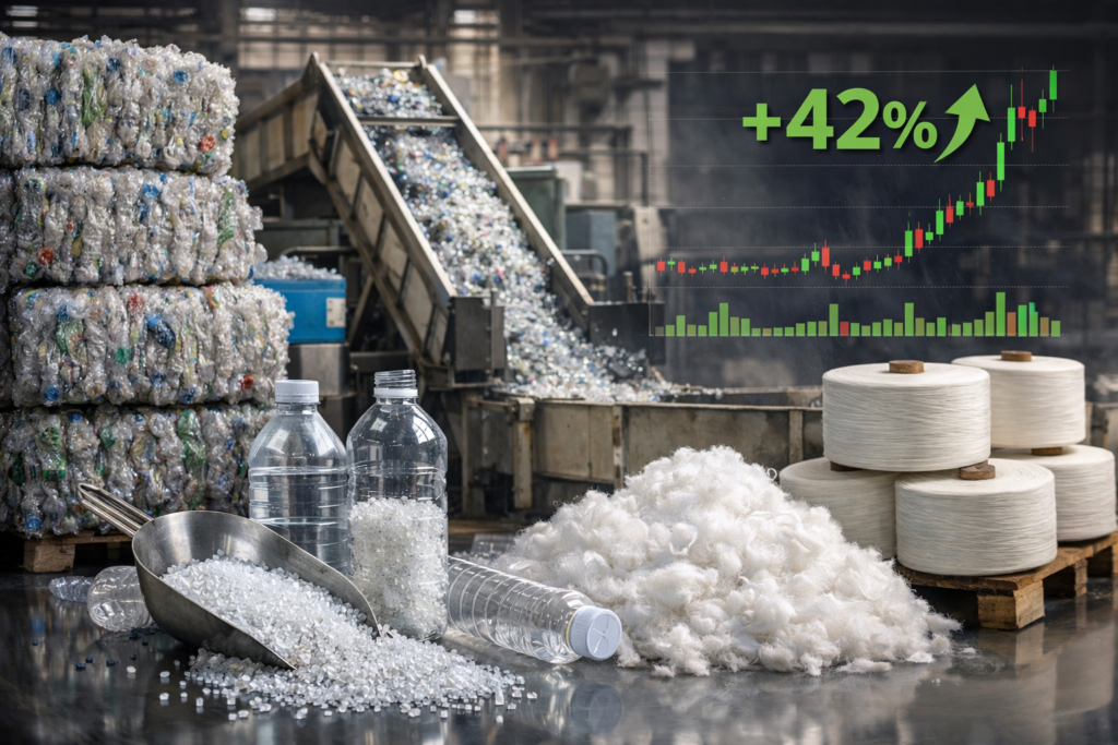 Representative image of a PET recycling facility and recycled polyester output, illustrating why Ganesha Ecosphere stock surged after India’s 40% recycled PET mandate took effect on April 1, 2026.