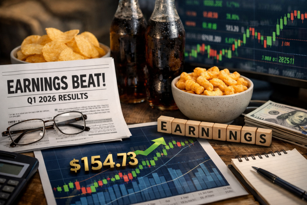 Representative image of packaged snacks, beverages, and market data used to illustrate PepsiCo, Inc. first-quarter 2026 earnings, as investors tracked stronger North America food volumes, revenue beat, and PepsiCo stock reaction.