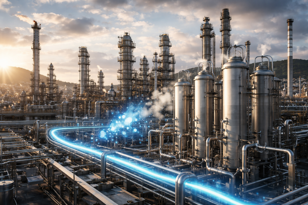 Representative image of a refinery hydrogen production unit, illustrating how Petronor and H2SITE’s membrane technology partnership could improve high-purity hydrogen recovery, refinery efficiency, and low-carbon industrial decarbonisation in Spain.