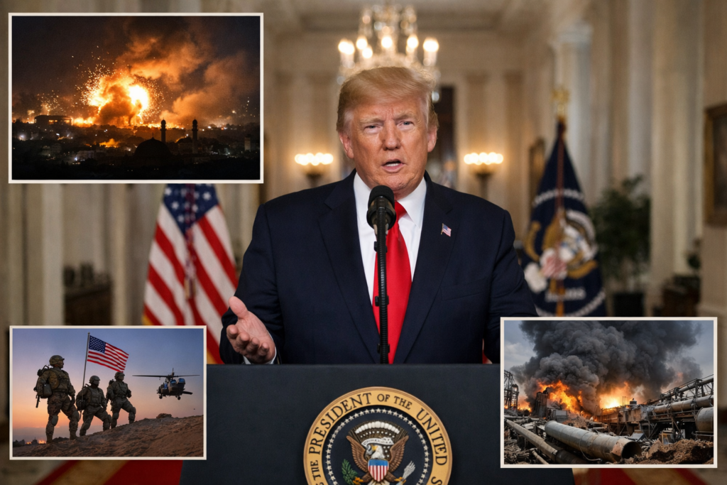 Representative image of President Donald Trump delivering a prime-time White House address as the United States signals fresh strikes on Iran, with the war’s next phase raising new fears over escalation, oil supply disruption, and Middle East stability.
