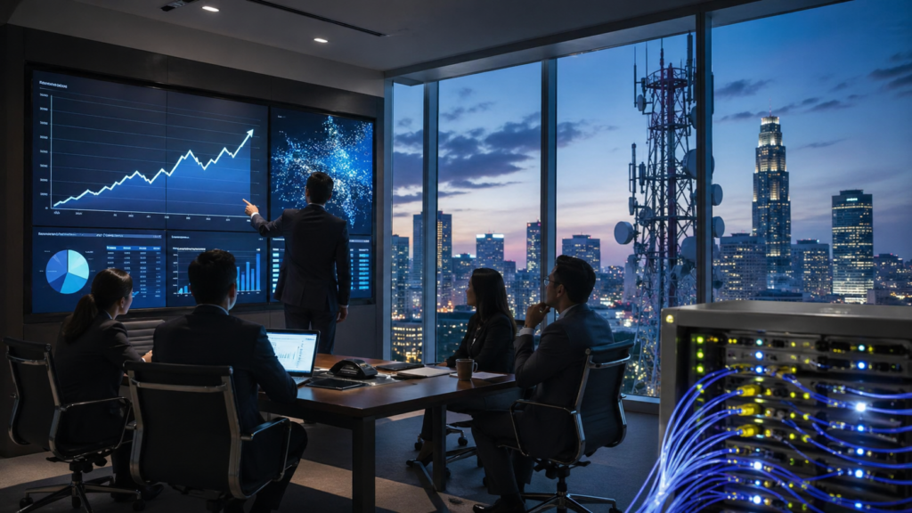 Representative image: Telecom executives review rising network and earnings metrics as Verizon Communications Inc. seeks to turn Q1 2026 subscriber growth, broadband expansion, and stronger cash flow into a sustained VZ stock turnaround.