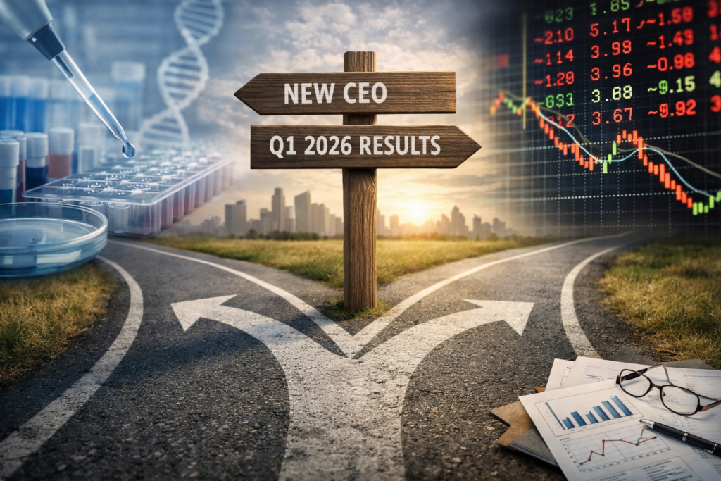 Representative image of molecular diagnostics, market volatility, and leadership transition themes as Qiagen (NYSE: QGEN) approaches its new CEO appointment and Q1 2026 earnings, with investors closely watching QIAstat-Dx, QuantiFERON, and strategic review developments.