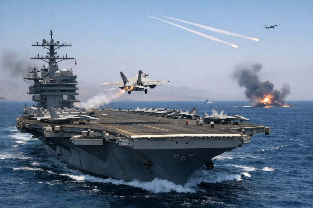 Representative image of a United States Navy aircraft carrier conducting combat flight operations at sea, illustrating the continuing focus on USS Abraham Lincoln sortie activity as Iran repeats unverified strike claims during Operation Epic Fury.