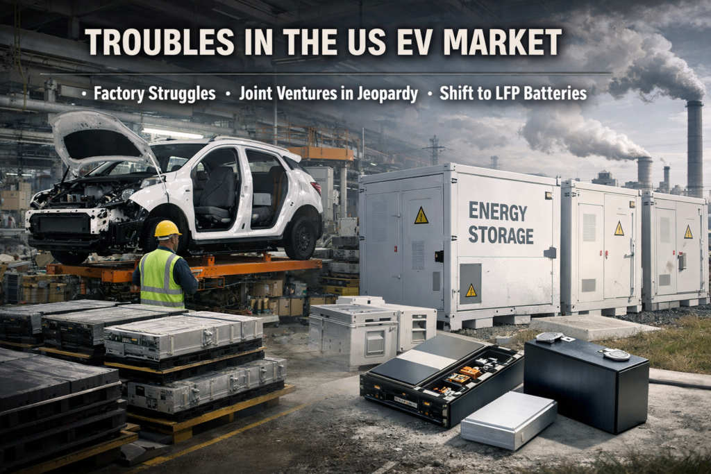 Representative image of South Korea battery makers reshaping North America strategy as LG Energy Solution, Samsung SDI, and SK On pivot from EV battery overcapacity toward energy storage systems and LFP expansion after the US electric vehicle market slowdown.