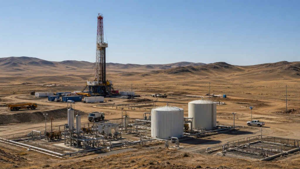 Representative image of a gas development site in an arid steppe landscape, illustrating Jade Gas Holdings Limited’s push to advance the TTCBM Project toward Mongolia’s first major domestic gas production operation.