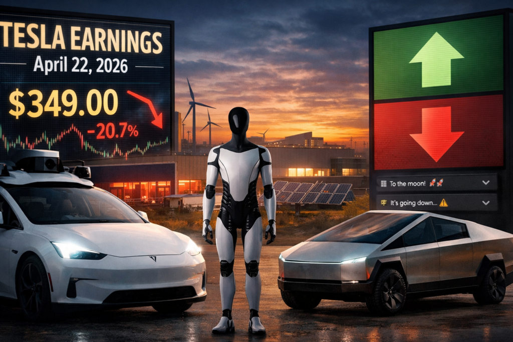 Representative image of Tesla, Inc. ahead of its 22 April 2026 earnings report, highlighting investor focus on autonomous vehicles, robotics, and Tesla stock volatility as Wall Street debates the next move in Tesla shares.