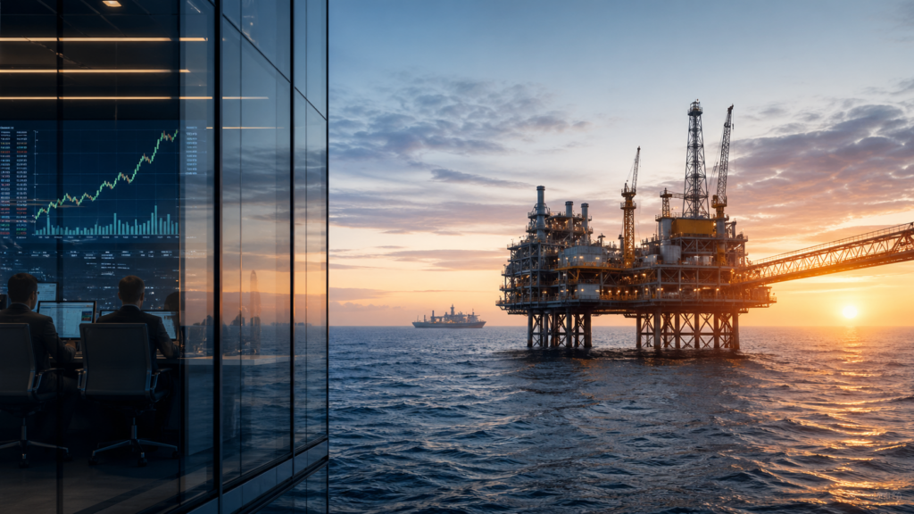 Representative image of offshore oil and gas operations and energy market trading activity, reflecting TotalEnergies SE’s stronger first quarter 2026 earnings, dividend increase, cash flow growth and continued shareholder returns.