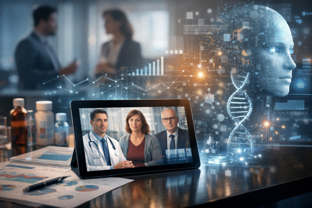 Representative image of Trinity’s AI-powered Digital Twins platform for life sciences commercial teams, illustrating how biopharma companies are using generative AI, customer simulation, and always-on analytics to sharpen market research and commercial decision-making.