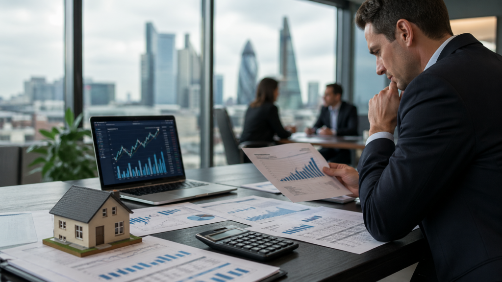Representative image of UK banking analysts reviewing mortgage and earnings data as Lloyds Banking Group reports stronger first-quarter 2026 profit, upgraded net interest income guidance, and renewed investor debate over whether structural hedge tailwinds can offset a weaker UK macro outlook.