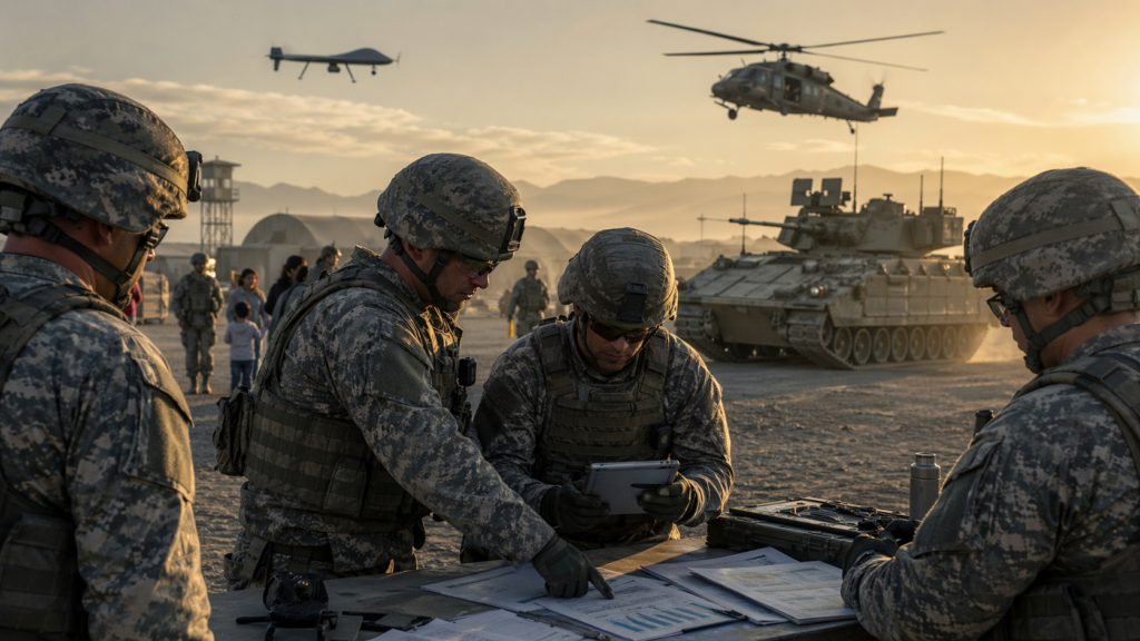 Representative image of United States Army soldiers reviewing operational plans as the service advances its Fiscal Year 2027 budget request, a $253 billion push tied to force modernisation, readiness, and family support.