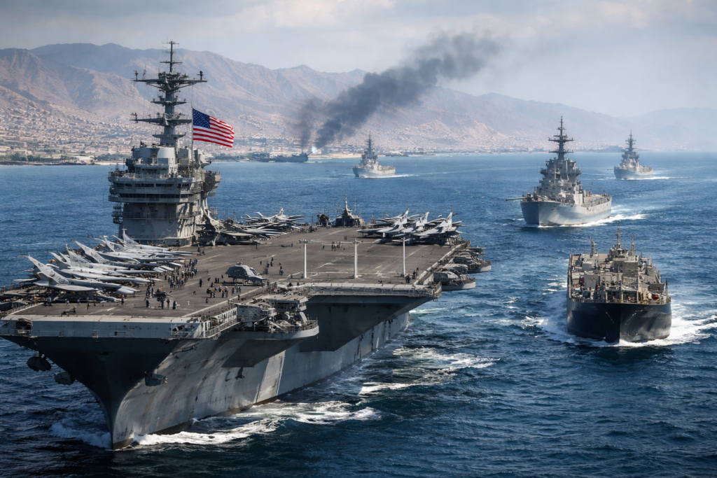 Representative image of a United States Navy carrier strike group at sea, used to illustrate the report on the United States naval blockade of Iranian ports and the widening maritime confrontation with Iran in April 2026.