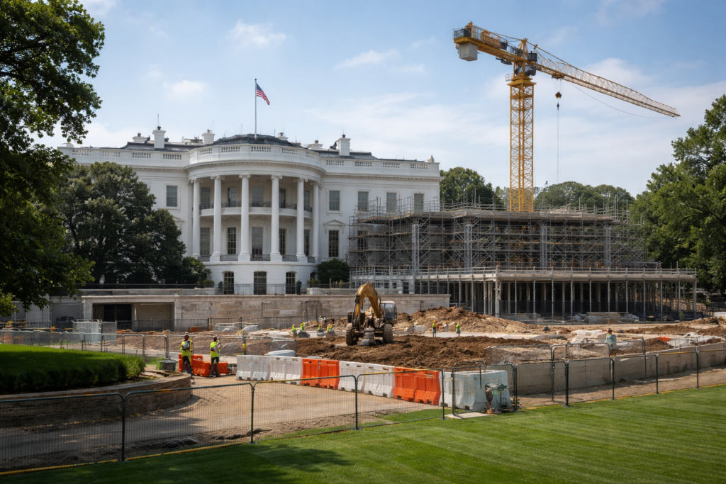Representative image of White House construction activity as appeals court allows ballroom project work to continue for now amid an escalating legal battle over the Trump administration’s expansion plan.