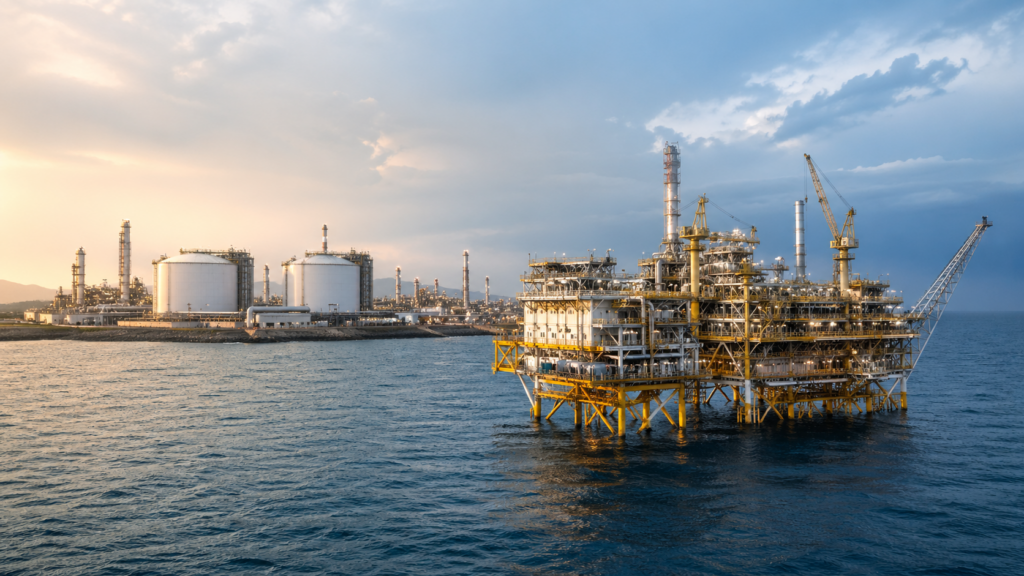 Representative image of offshore energy infrastructure and LNG processing facilities, highlighting Woodside Energy Group Ltd’s Q1 2026 focus on Scarborough execution, stronger realised pricing, and long-term WDS growth catalysts.