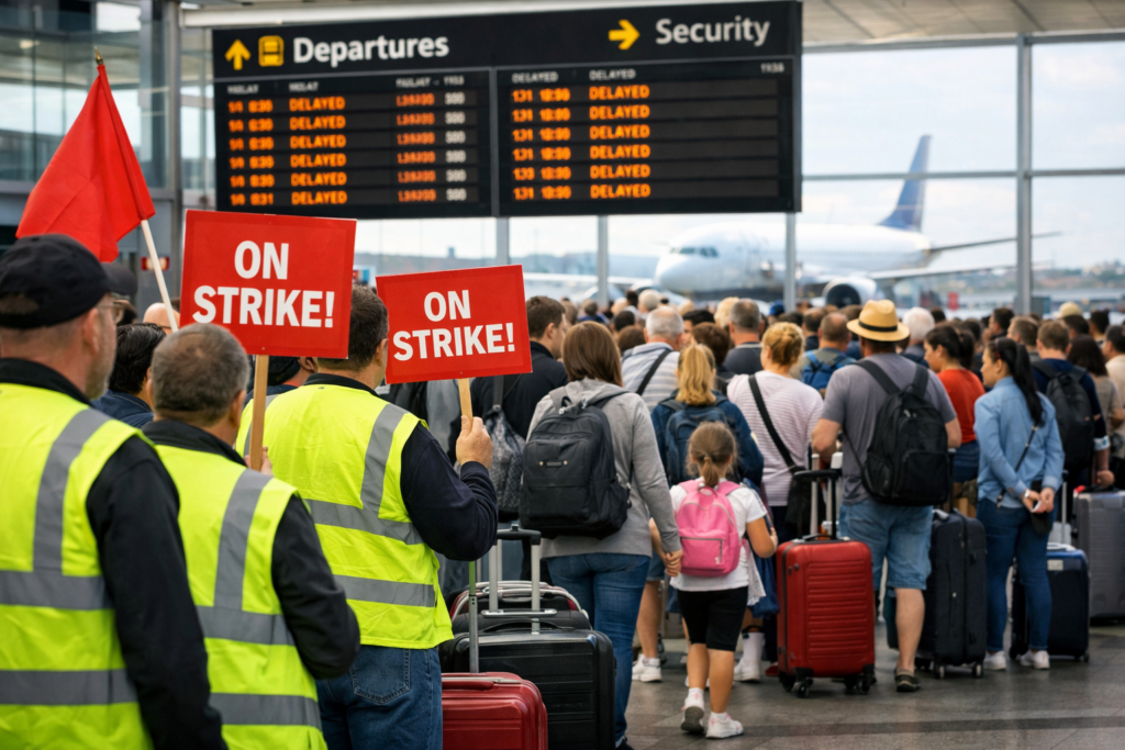 Representative image of airport disruption as ABM workers at London Stansted Airport prepare strike action over pay, raising concerns about Easter holiday flight delays and passenger disruption from April 17 to 20, 2026.