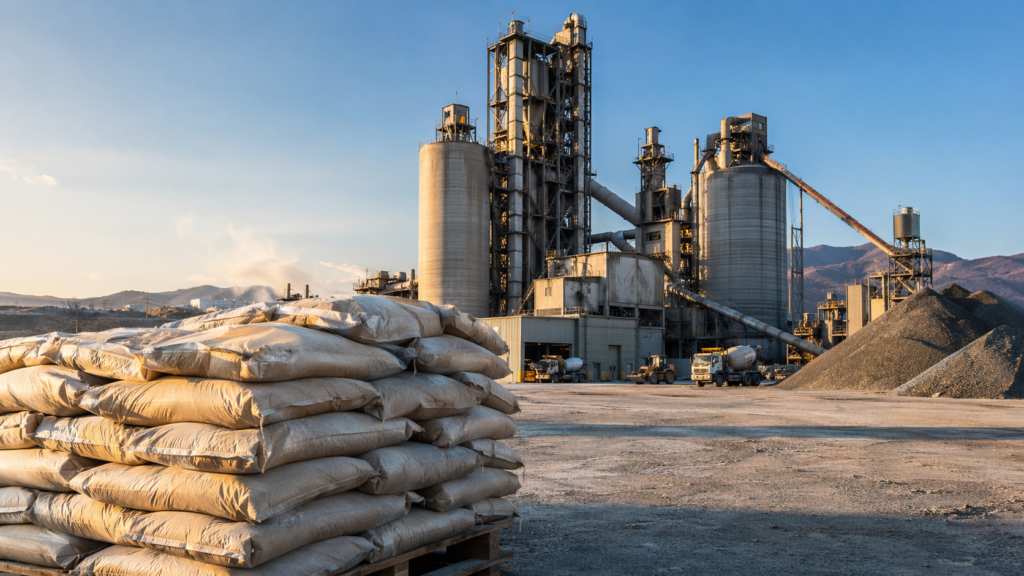 Representative image of a cement manufacturing facility and bagged cement inventory, illustrating the Steppe Cement Ltd Q1 2026 trading update as higher sales volumes, stronger pricing, and rising Kazakhstan market share put the stock in focus.
