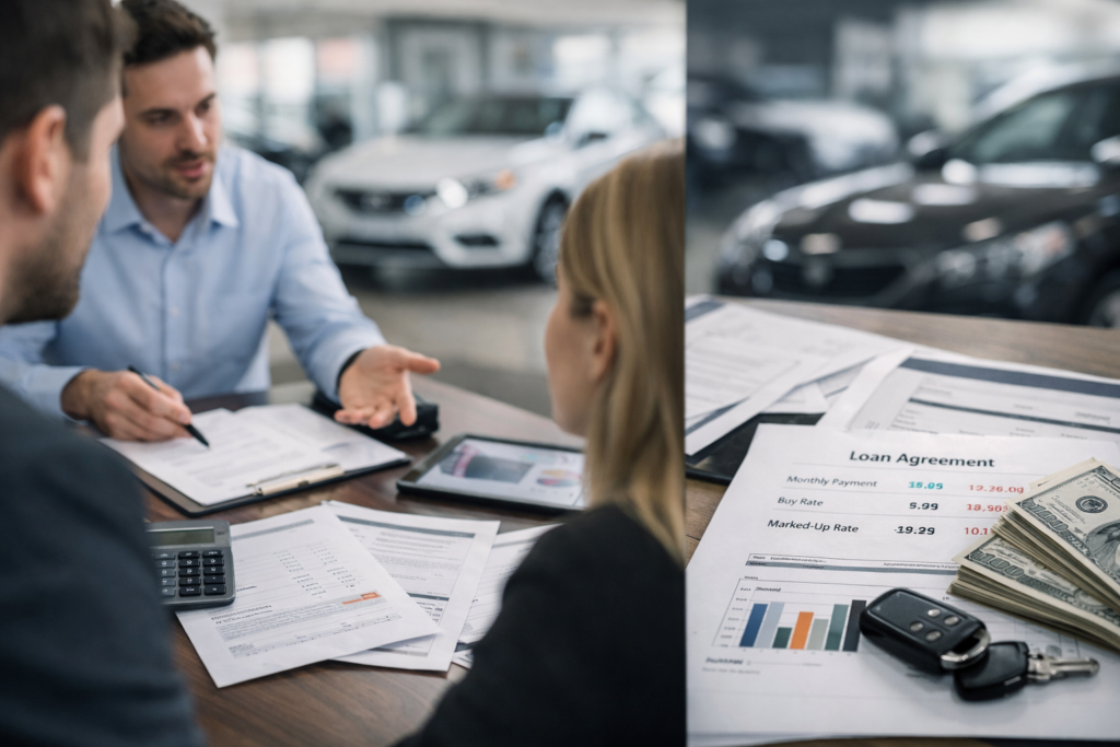 A dealership negotiation scene highlights the pricing and financing complexity that DriveYo says its AI car-buying platform can help consumers uncover.