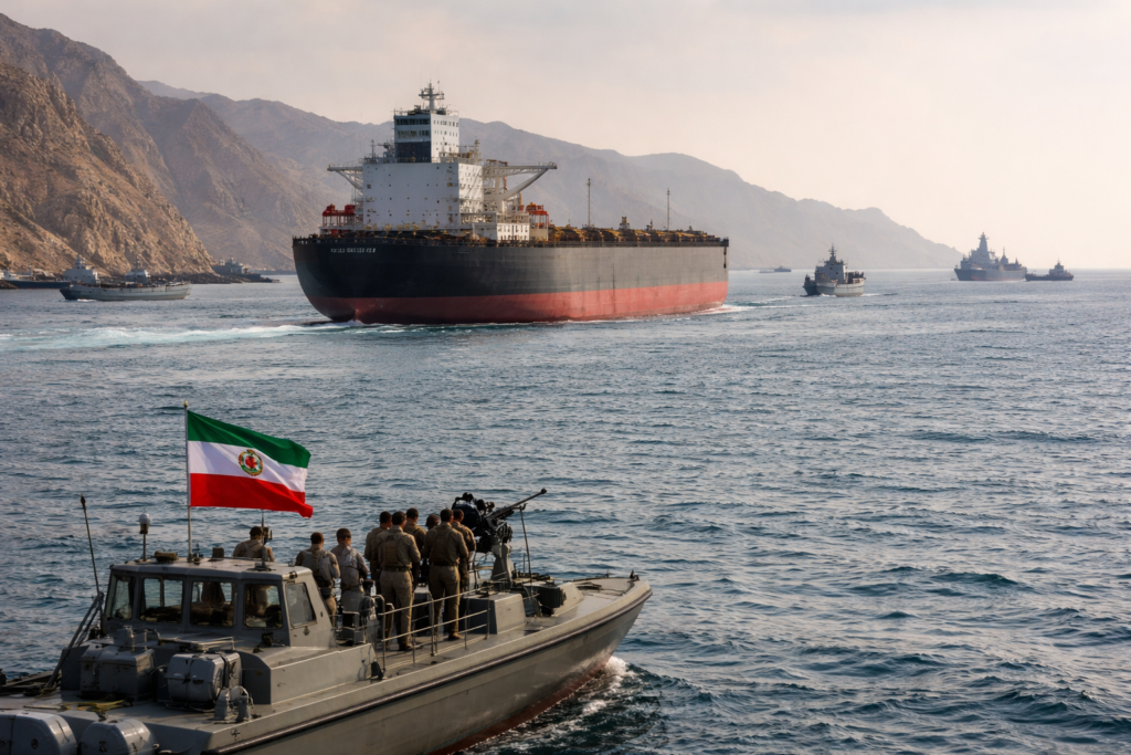 Representative image of commercial shipping and naval activity in the Strait of Hormuz, as Iran reopens the key oil transit route while uncertainty over the United States naval blockade continues.