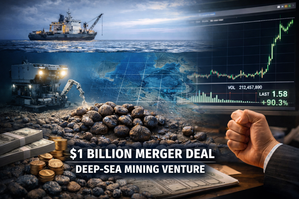 Representative image of a deep-sea mining vessel and seabed nodule recovery concept, illustrating the American Ocean Minerals Corporation and Odyssey Marine Exploration merger as investors assess the proposed $1 billion U.S.-controlled polymetallic nodule platform and the sharp surge in Odyssey Marine Exploration stock.
