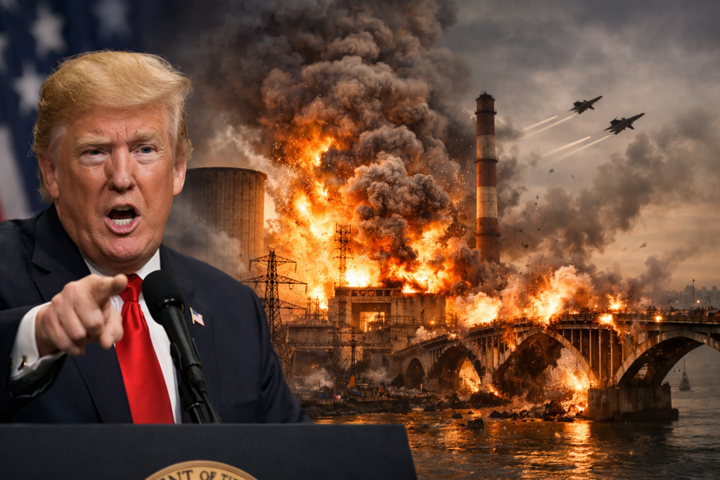 Representative image of an escalating Iran war scenario as United States President Donald Trump threatens to destroy Iran’s power plants and bridges ahead of a Tuesday deadline, underscoring rising fears over ceasefire collapse, Strait of Hormuz tensions, and wider Middle East conflict.